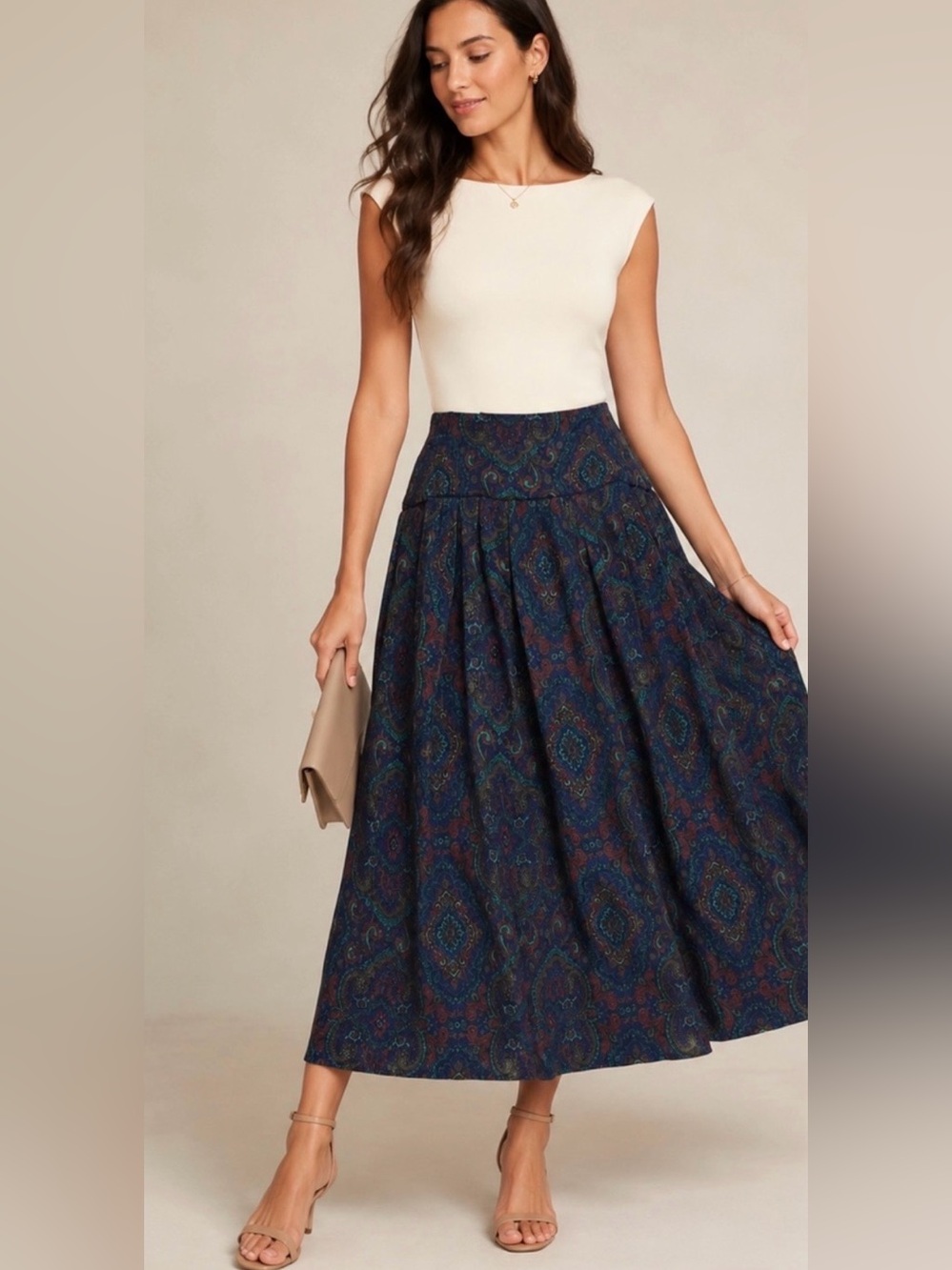Vintage Talbots Petites Paisley Pleated Midi Skirt